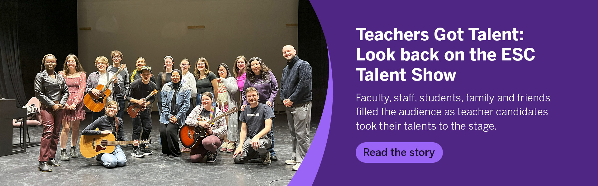 Students, faculty and staff pose for a photo on stage inside the Faculty of Education's Auditorium.